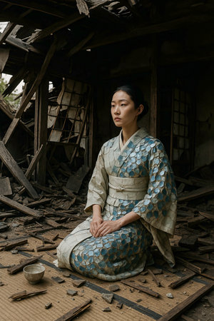Woman in a traditional patterned kimono sitting in seiza position among the ruins of a collapsed wooden building, surrounded by broken beams and debris.の素材