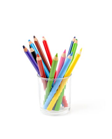 Colour pencils in glass isolated on whiteの写真素材