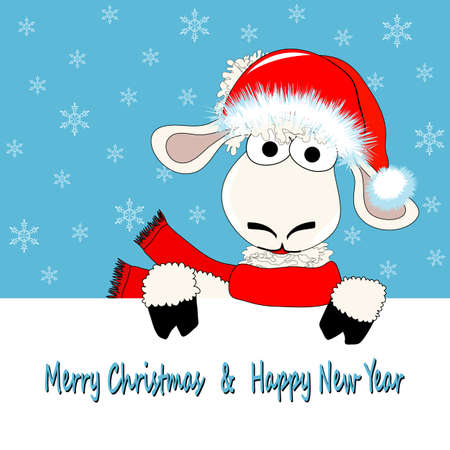 Christmas and New Year\'s card with an amusing sheep and wreath. Chinese astrological sign. Symbol 2015 year. Vector illustration.のイラスト素材