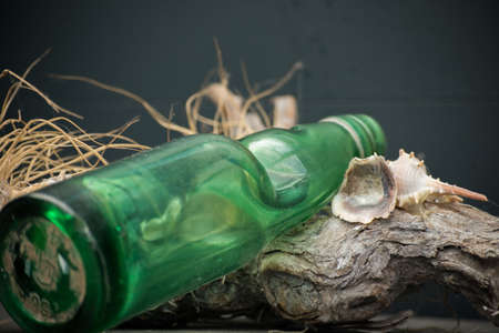 Green Glass Bottle On A Piece Of Wood With Shells Summer Beach Vibeの写真素材