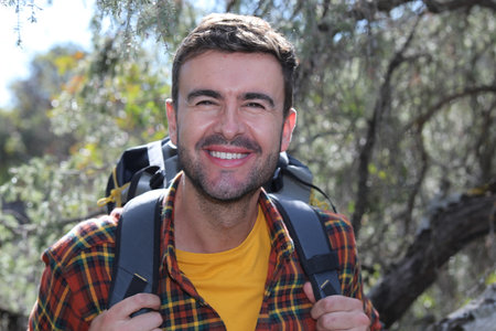 Hiker training with his backpackの写真素材