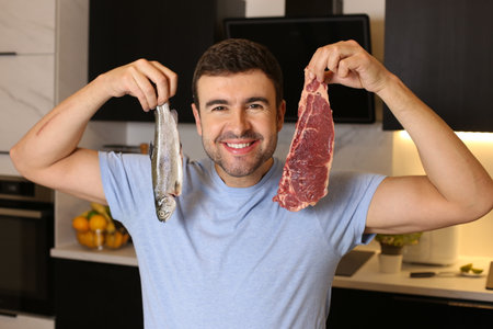 Man choosing between fish or meatの写真素材