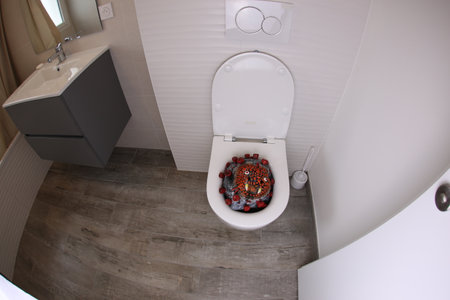 Spooky germ inside toilet seatの写真素材