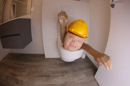 Construction worker having spooky accident in bathroomの写真素材