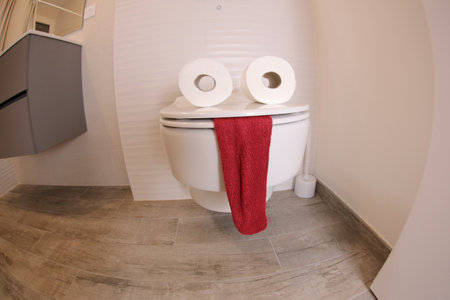 Cute toilet seat with eyes and tongueの写真素材