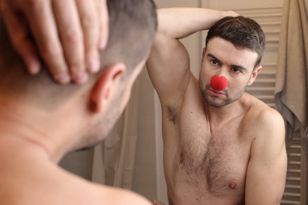 Man wearing clown nose looking at his reflectionの写真素材