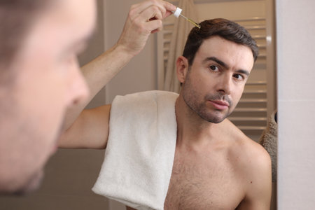 Man using drops to make hair strongerの写真素材