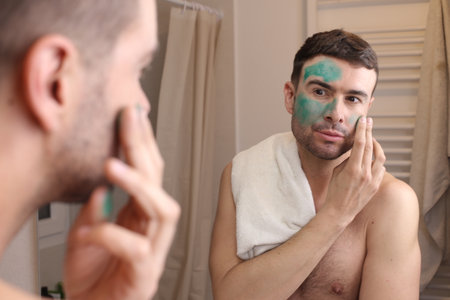 Man using a green beauty face maskの写真素材