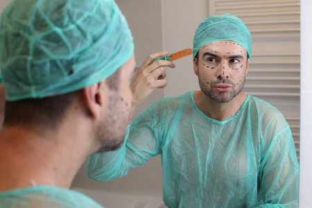 Surgeon in a dressing gown preparing for surgery in the operating roomの写真素材