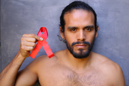 Man holding a red ribbon with solidarity
