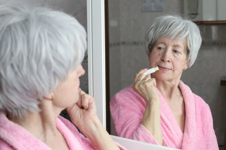 Mature woman protecting her lipsの写真素材