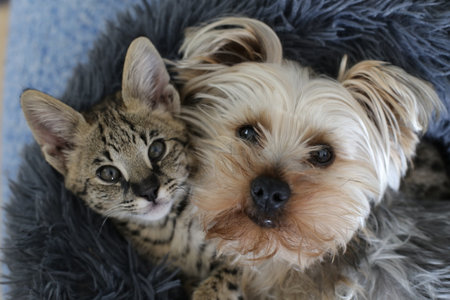 Curious image of tiny cat and lapdog sleeping together in the very same bedの写真素材