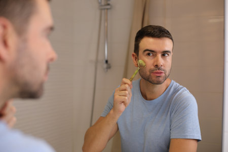 Man using marble roller to apply his moisturizerの写真素材