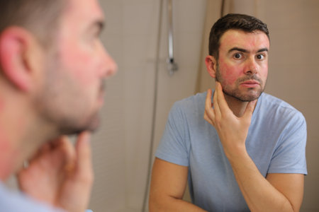 Man with severe allergic reaction on facial skinの写真素材