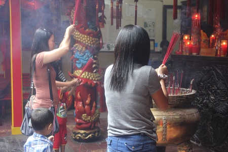 Chinese community pray in Dhanagun temple, Bogor, West Java, Indonesia, on Lunar New Year, February 10th, 2013.のeditorial素材