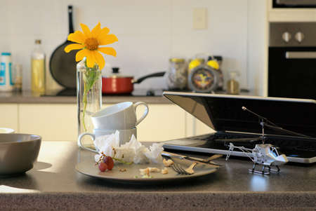 Messed up Kitchen table has a plate with leftover food, fork, knife, tissues along side side laptop computer, toy helicopter, bowl, cups on top of another, sunflower in a vase. In the background are alarm clock, cooking pot, oil bottle, cooking pan, oven,の写真素材