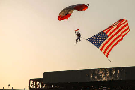 July 4th Parachute Jump at Soccer game - at FC Dallas home gameのeditorial素材