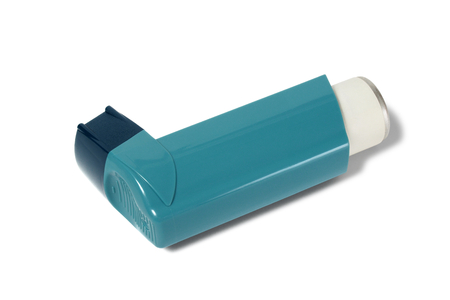 Closed asthma inhaler isolated on white backgroundの写真素材