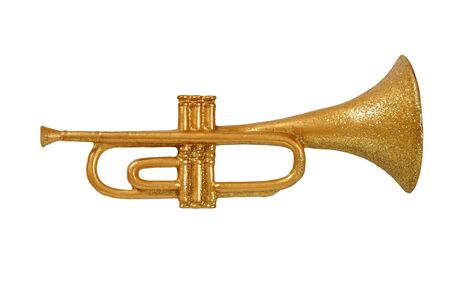 Golden Christmas trumpet isolated on white backgroundの写真素材