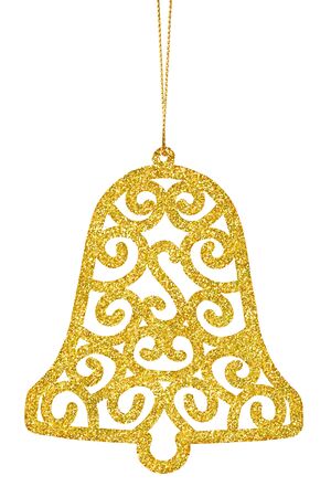 Golden Christmas bell isolated on white backgroundの写真素材