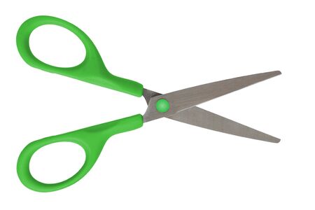 Open scissors with green handles isolated on white backgroundの写真素材