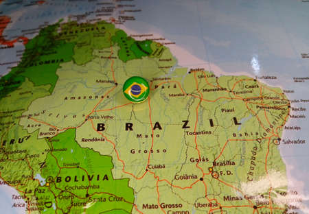 Drawing pin flag of Brazil on the map. High quality photoの写真素材