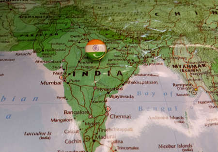 Drawing pin flag of India on the map. High quality photo