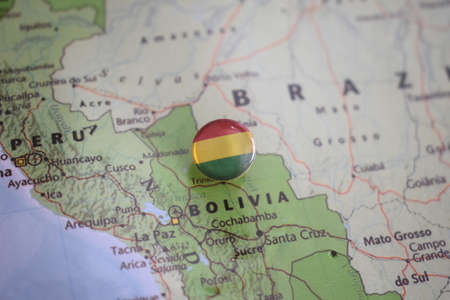 Bolivia flag drawing pin on the map. High quality photoの写真素材