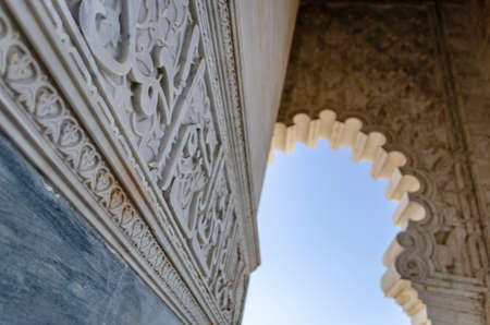 Beautiful detail of Arabic mosaic wall and arch in Rabat, Moroccoの写真素材