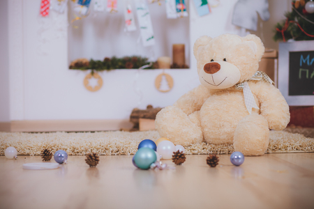 Bear with Christmas gift boxes and toysの写真素材