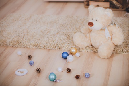 Bear with Christmas gift boxes and toysの写真素材