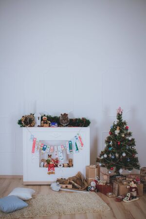 New interior with Christmas tree, presents and fireplaceの写真素材