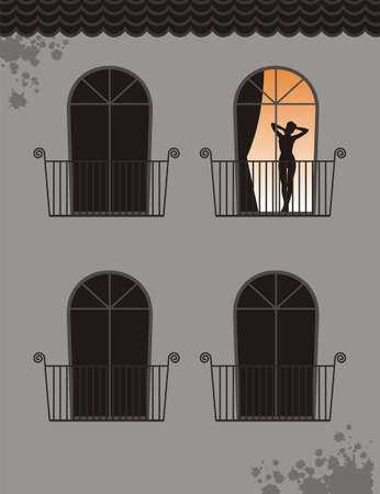 Composition with the house and a female silhouette. In one window light burns. Behind a window there is a woman with the lifted hands.のイラスト素材