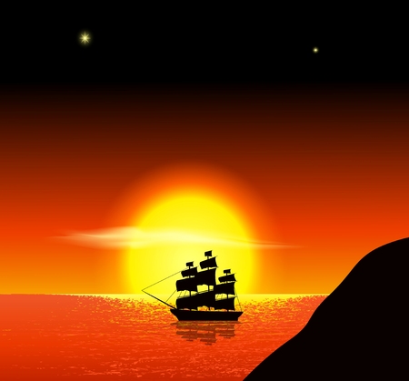 Ancient ships sailing into the sunsetのイラスト素材