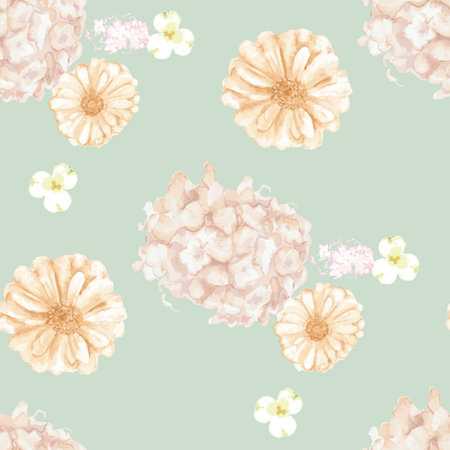 Floral pattern of gerbera and hydrangea. It has a retro and gentle atmosphere.のイラスト素材