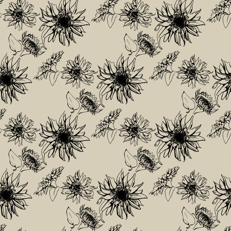 Sunflower pattern that looks like it was drawn with ink. It has an elegant and ladylike impression.のイラスト素材