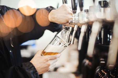 Bartender man poors glass of beer.の写真素材