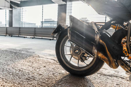 Close up of motorcycle wheel burnout at parking.の写真素材