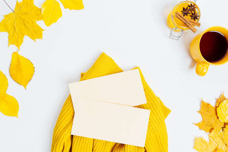 Autumn composition flat lay. Comfortable fall and cozy autumn, lifestyle concept.