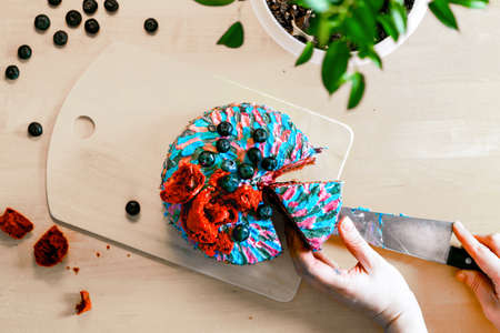 Woman cutting cake with colourful cream. Juicy filling with red berries.の写真素材