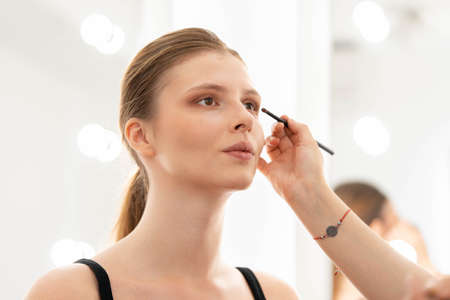 Make up artist applies eye shadows. Hand of make-up master, painting model eyesの写真素材