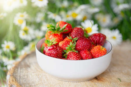 Bowl with Fresh strawberry close up on rustic wooden table at countryside with camomiles on background.の写真素材