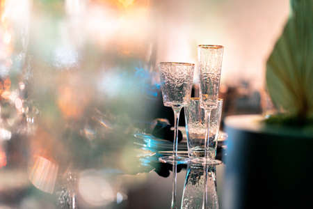Luxury catering and service. Wedding or anniversary. Banquet. table served with cutlery, flowers, crockery and tablecloth.の写真素材