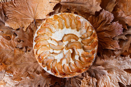Freshly baked homemade apple pie on yellow autumn leaves background. Autumn traditional pie, dish.の写真素材