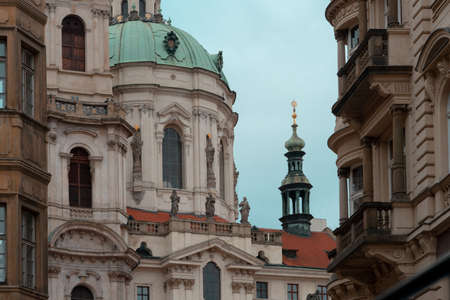 Green dome of Saint Nicholas Cathedral in lesser town, Mala Strana quarter, Prague, Czech Republic.の写真素材