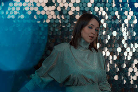 Glamorous Woman Dancing On Glitter Background At Luxury Night Party. Concept Of Easy Going People...