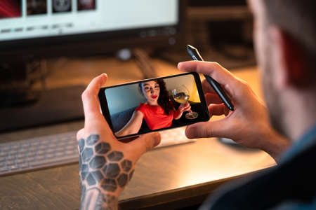 Man Calling His Beautiful Girlfriend By Video Chat. Online Date, Online Meeting With Friends. Stay...