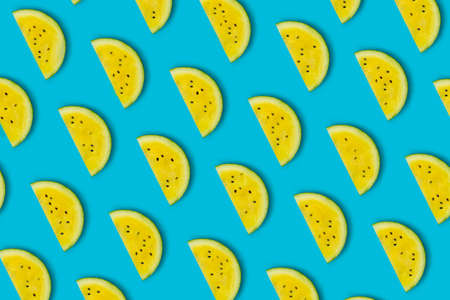 Watermelon Slices, Pieces on Bright Blue Turquoise Background. Creative Layout and Flat lay, Pattern...