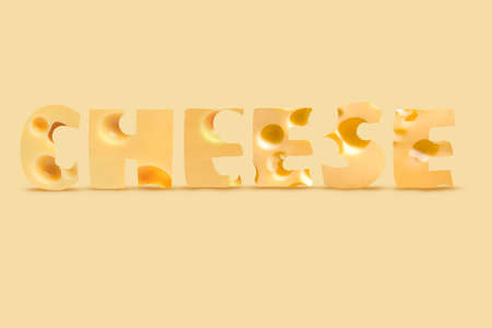Creative Collage Made Of Roquefort and Cheddar Cheese With Realistic Shadows on Yellow Background. Healthy Nutritionの写真素材