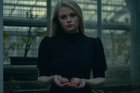 Beautiful Blond Girl Holding Rotted Wormy Apples Near Abandoned Houseplant At Gothic Park. Concept Of Doubts And Choiceの写真素材